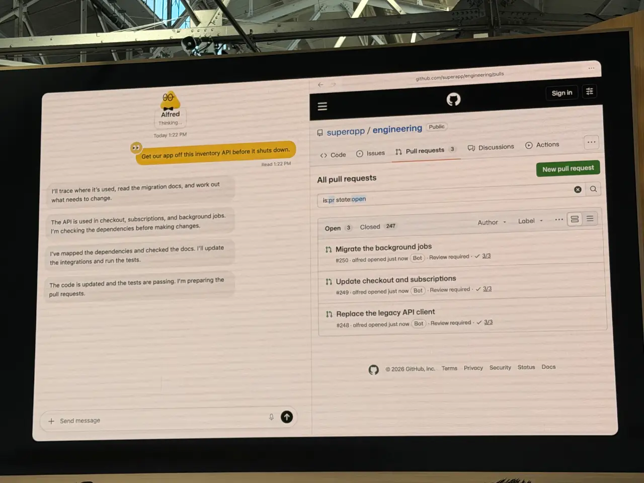 实录截图：dot 自主完成全仓库 API 调用追踪并在 GitHub 连续发起 3 个 PR