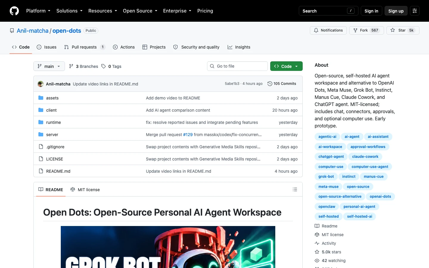 GitHub 实录截图：Anil-matcha 维护的 open-dots 开源智能体工作区主页