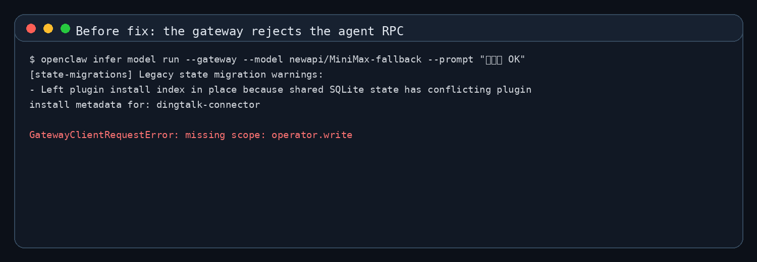 真实终端截图：gateway 调用失败，报 missing scope: operator.write
