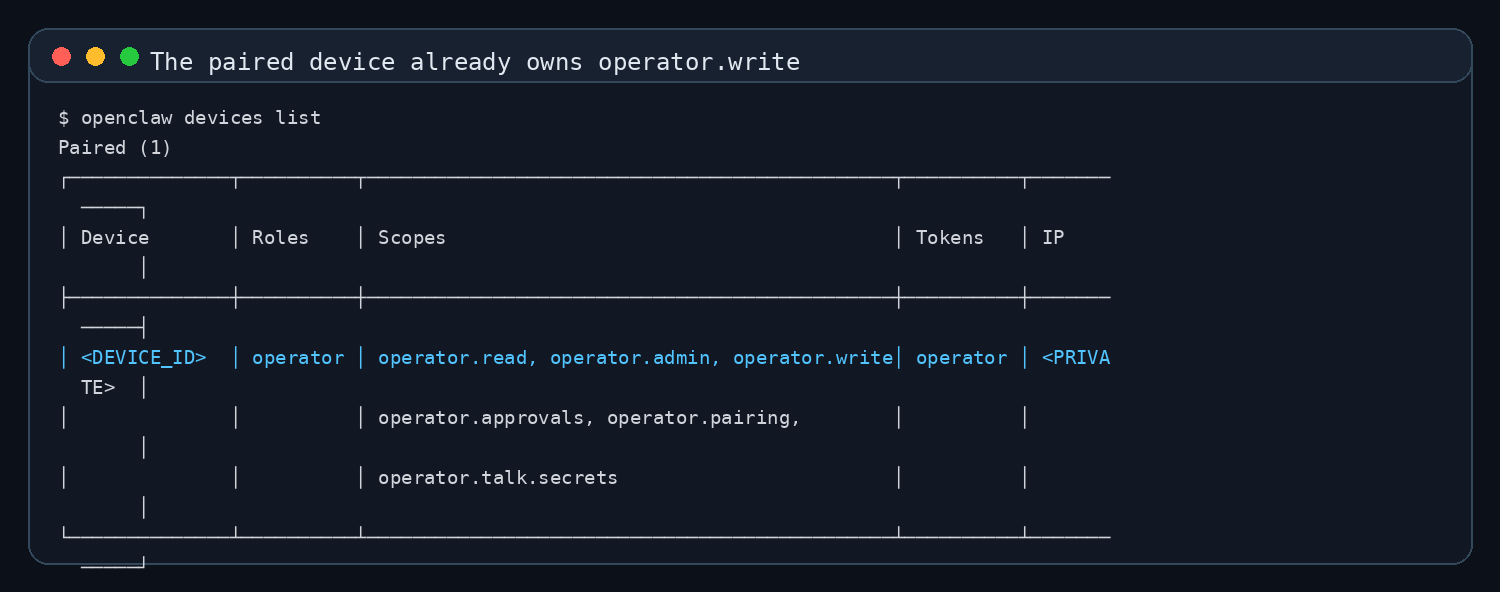真实终端截图：设备列表里可以看到 operator.write 已存在
