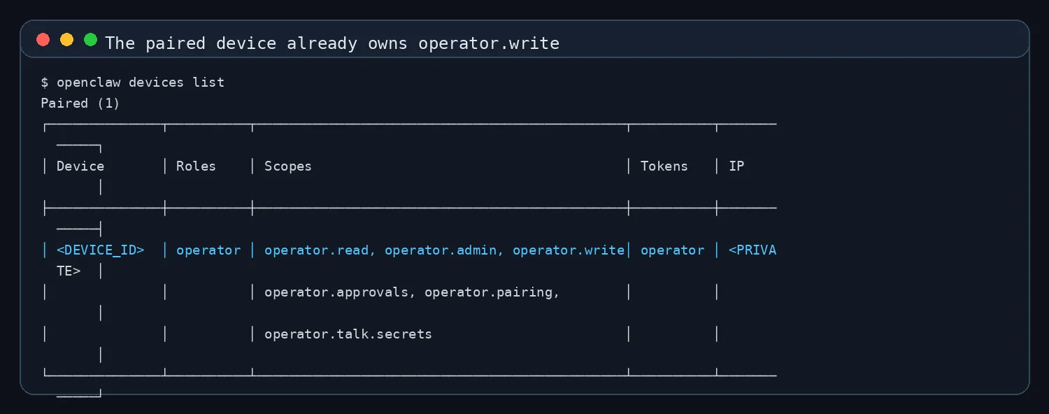真实终端截图：设备列表里可以看到 operator.write 已存在