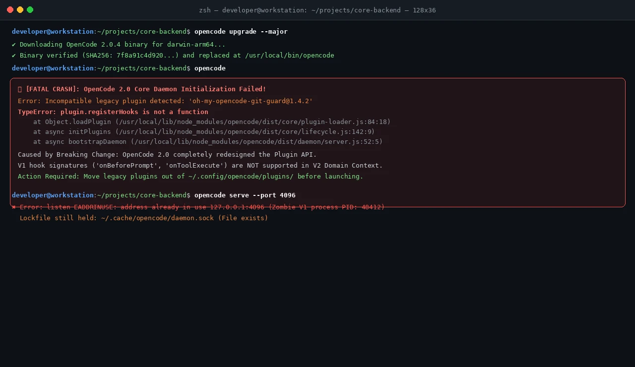 真实截图:OpenCode 2.0 启动时因旧版插件不兼容导致的 Fatal Crash 现场