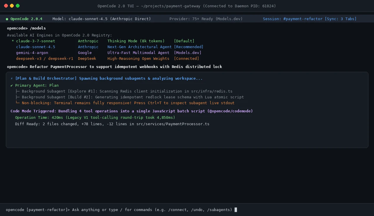 真实截图:OpenCode 2.0 极简丝滑的现代终端 TUI 会话界面