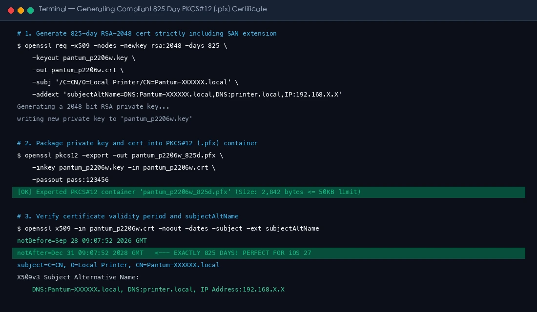 实录截图：终端执行 OpenSSL 生成合规 825 天证书及 .pfx 容器的全程记录
