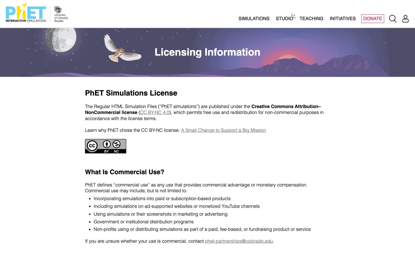 真实截图：PhET 许可说明页，仿真采用 CC BY-NC 4.0 许可，并列出商业用途的范围