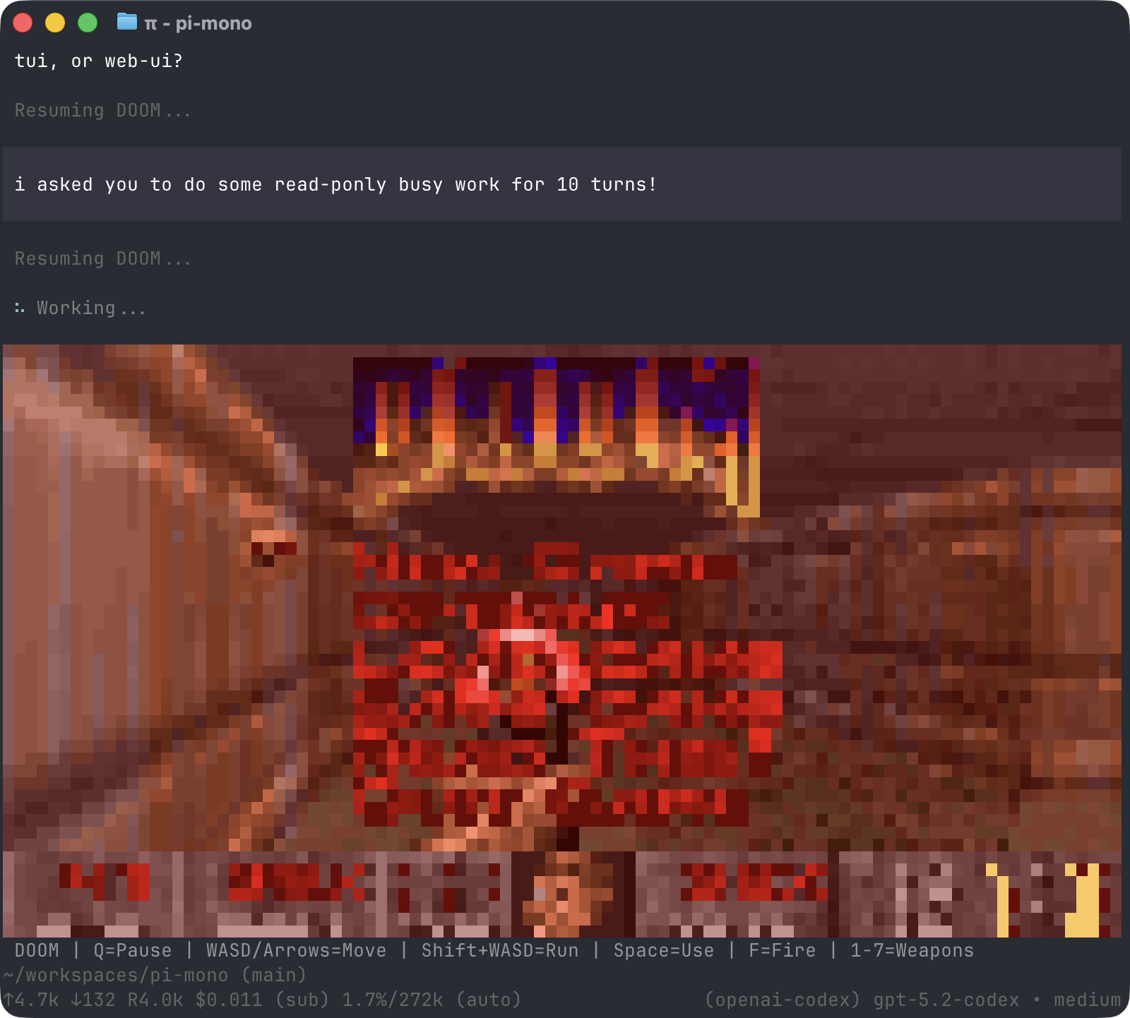 真实截图：pi 里运行 Doom 游戏的扩展示例，展示扩展系统的能力上限