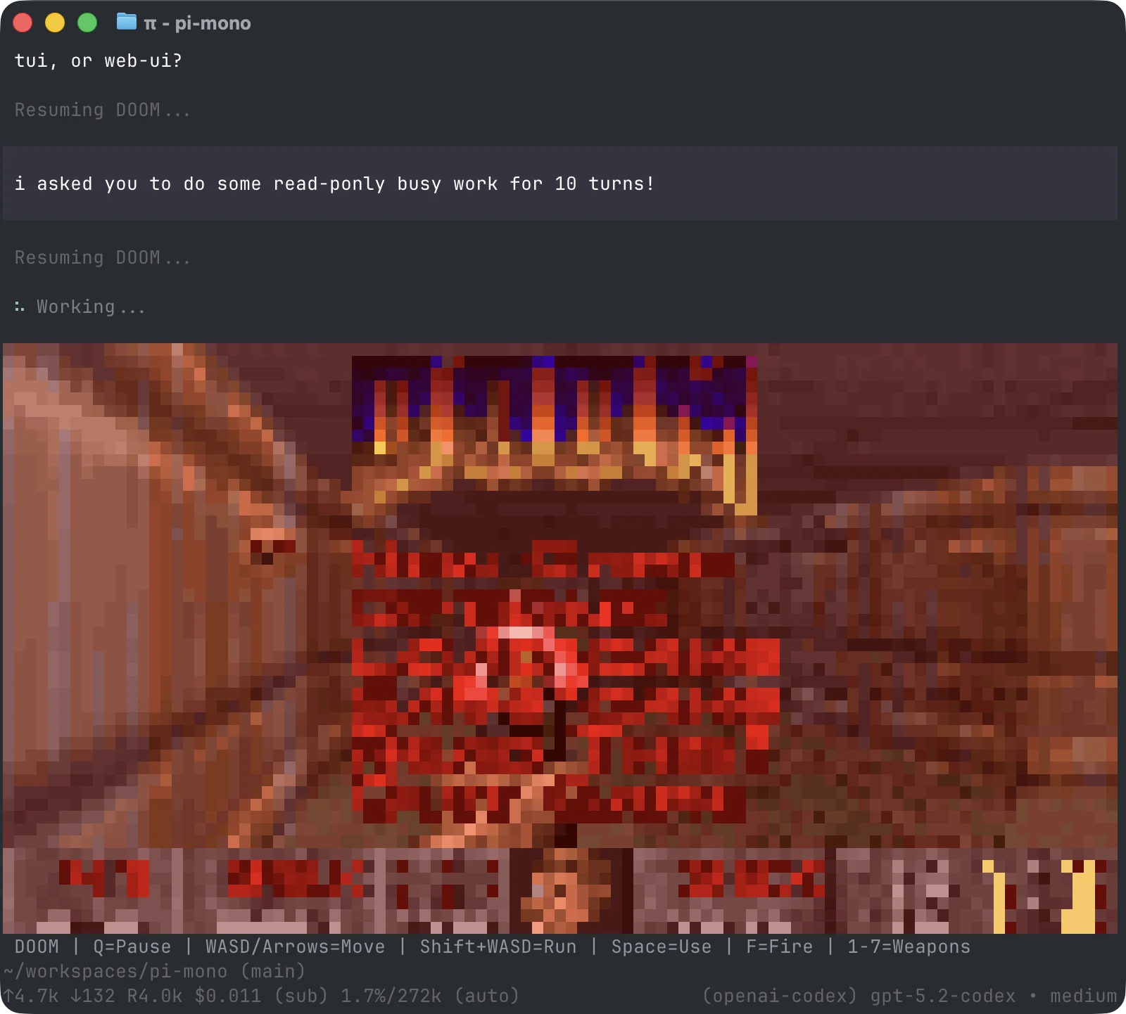真实截图:pi 里运行 Doom 游戏的扩展示例,展示扩展系统的能力上限