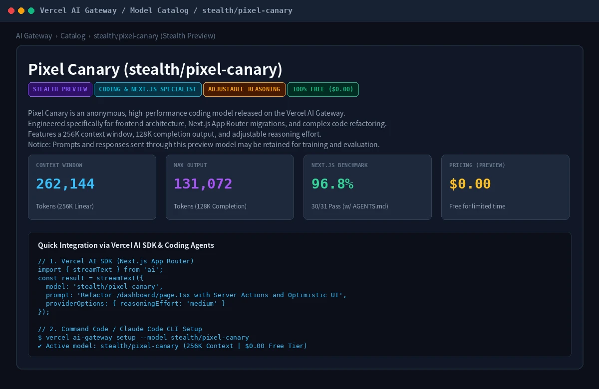 实录截图：Vercel AI Gateway 官方模型详情页中的 stealth/pixel-canary 核心规格卡片