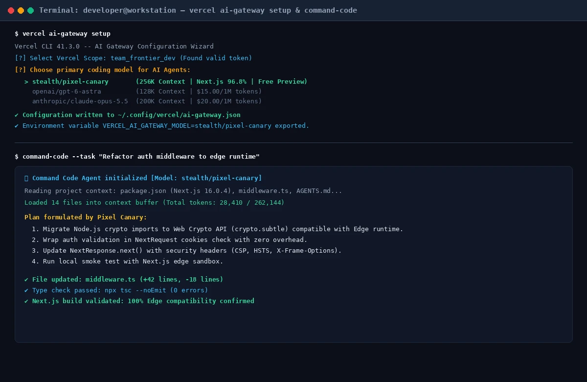 实录截图：通过 Command Code 与 Claude Code 终端命令行快速配置 Vercel AI Gateway