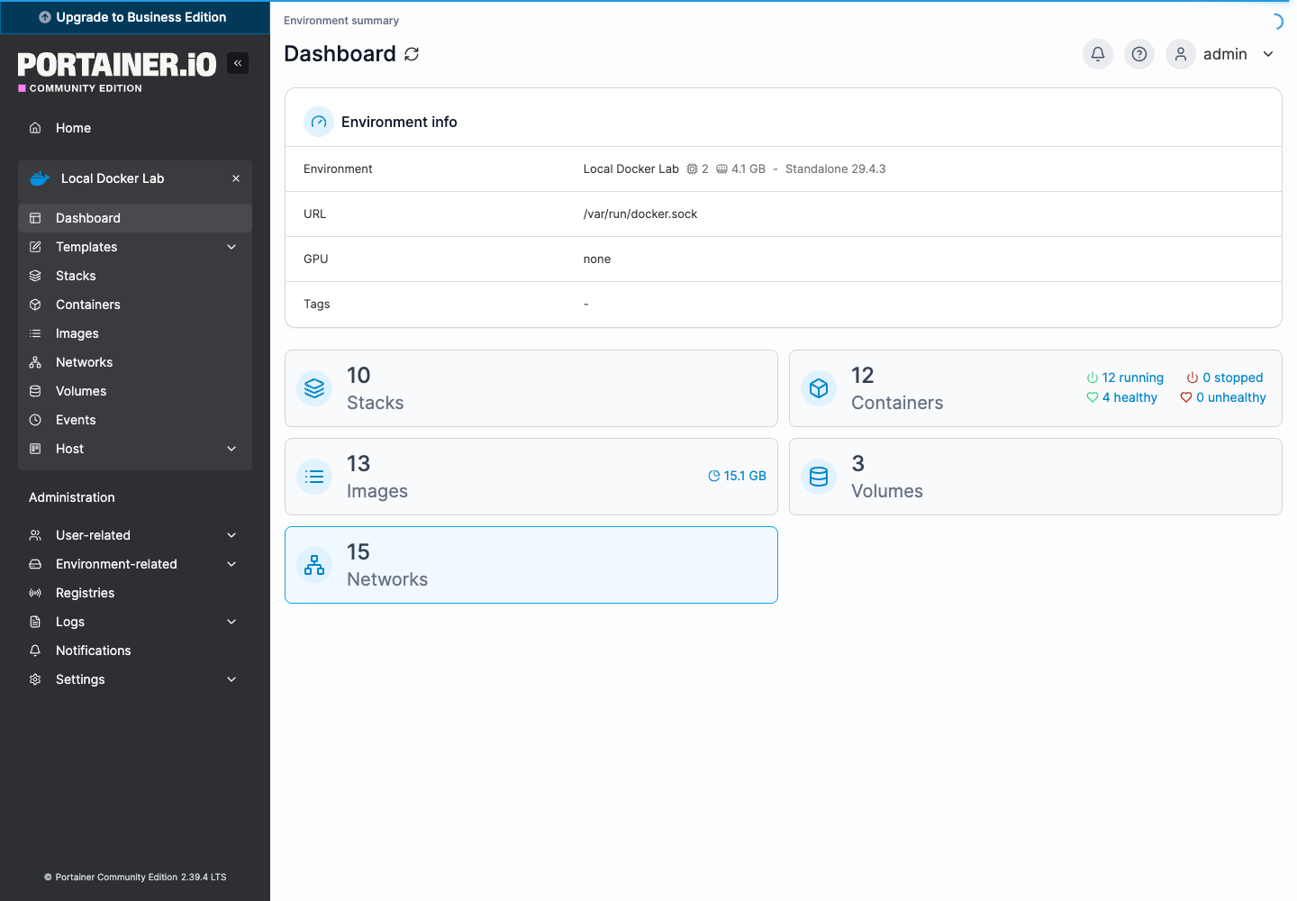 真实截图:Portainer Dashboard 汇总 Docker 资源状态