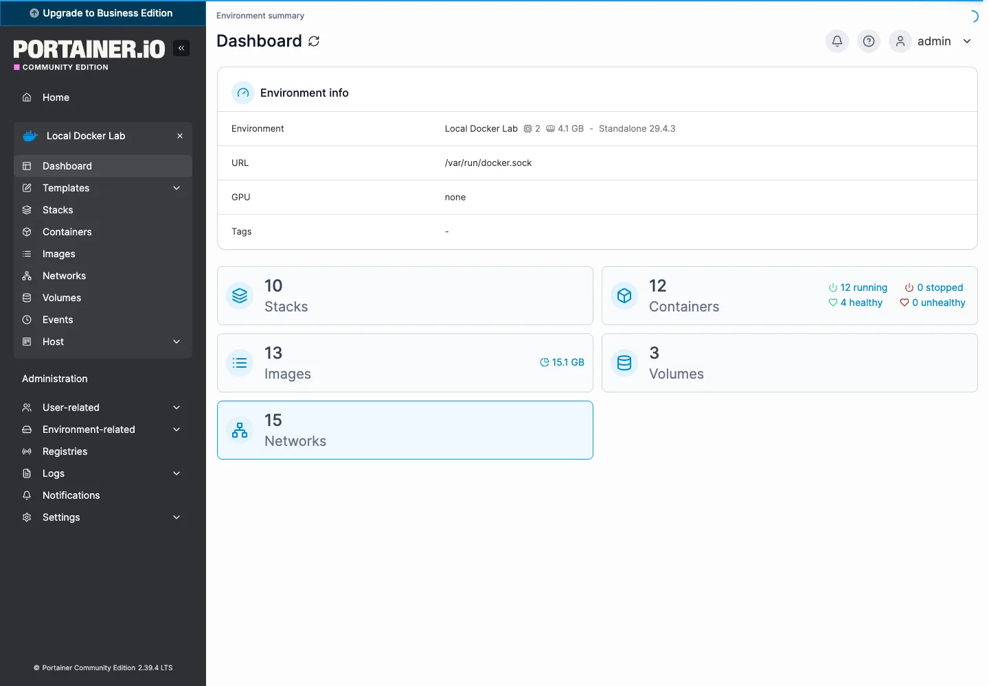 真实截图：Portainer Dashboard 汇总 Docker 资源状态