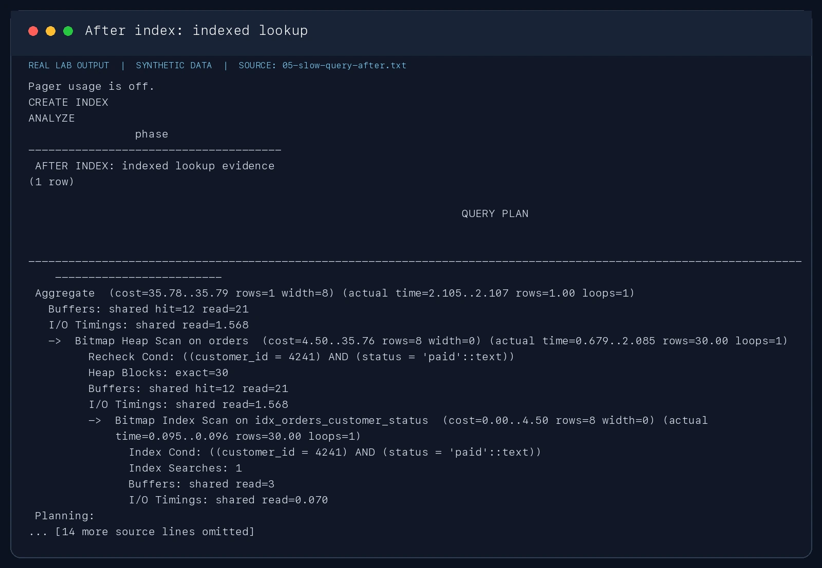 真实实验输出截图：建复合索引后改为 Bitmap Index Scan 和 Bitmap Heap Scan。