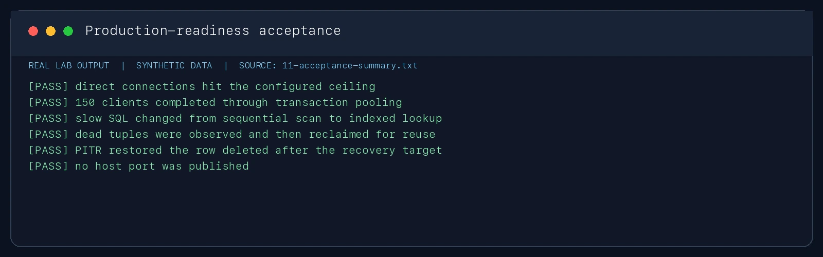 真实实验输出截图：六项 PostgreSQL 生产就绪实验全部 PASS。