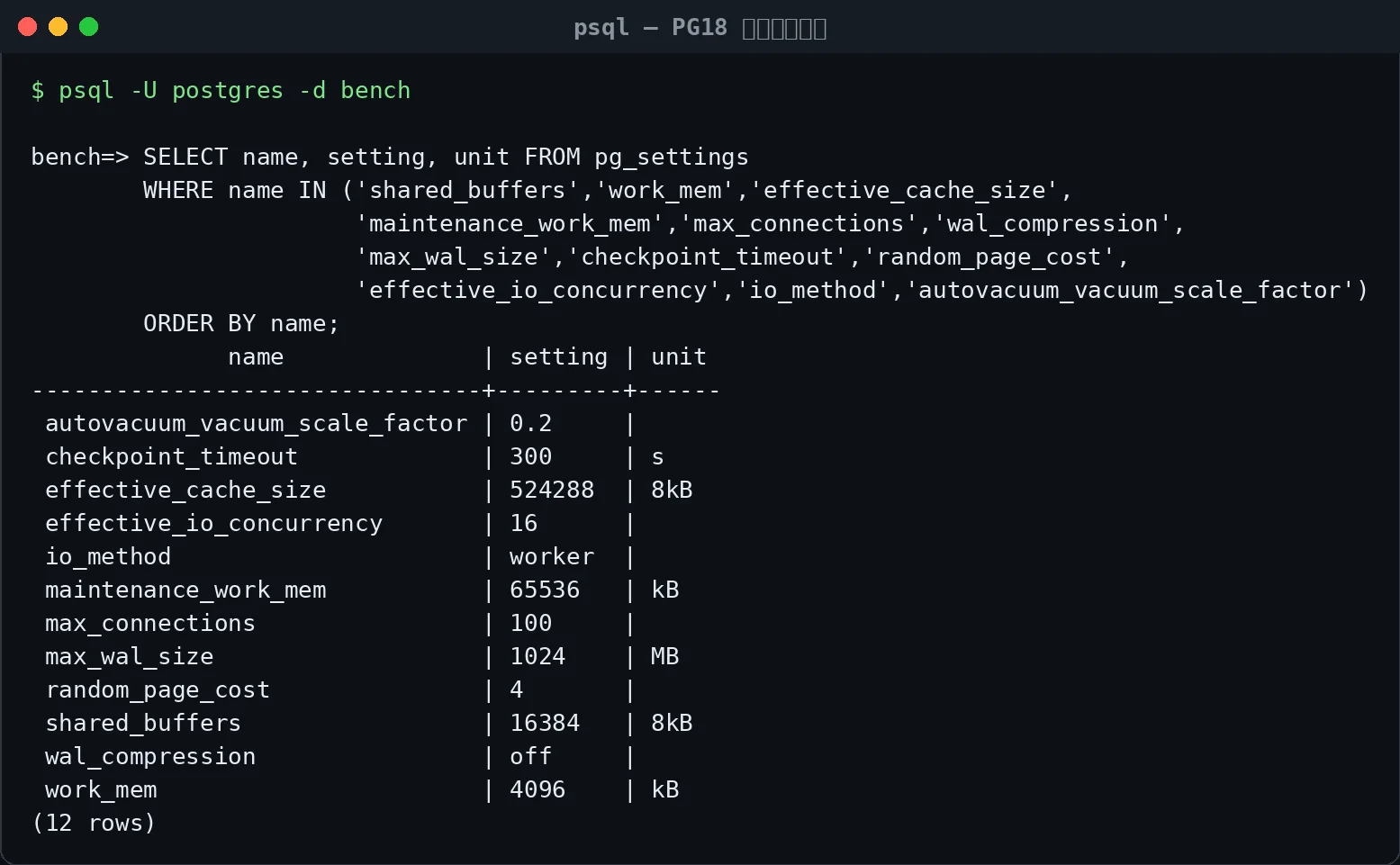 真实终端截图：PostgreSQL 18 的默认参数一览。