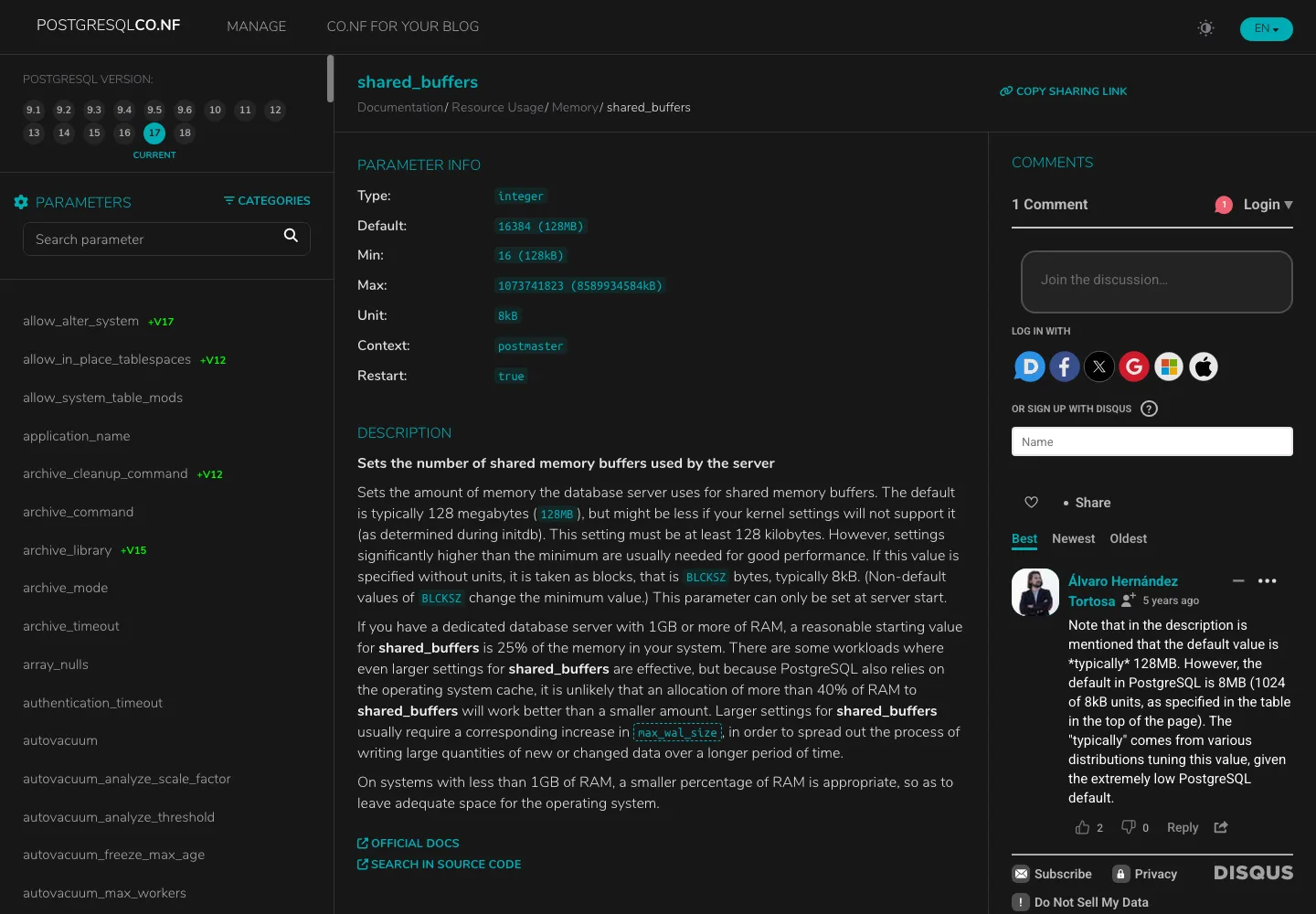 真实截图：postgresqlco.nf 的 shared_buffers 参数页。