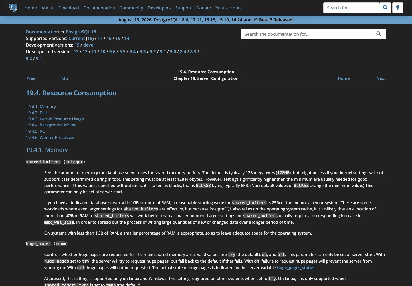 真实截图：PostgreSQL 官方文档的资源消耗章节。