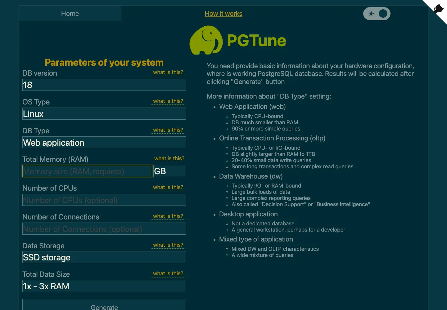 真实截图：PGTune 参数生成器。