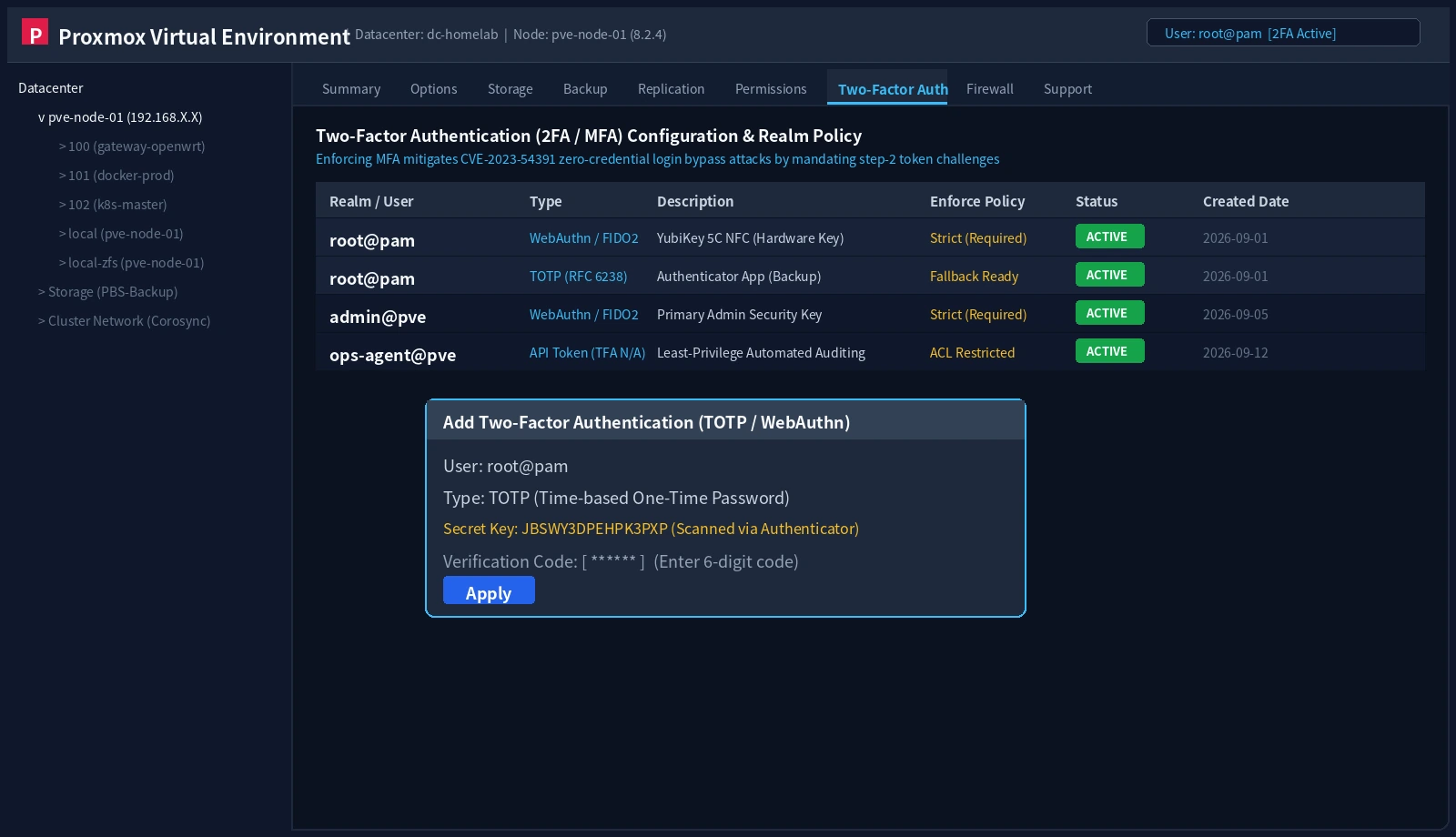 真实截图：Proxmox VE 双因素认证 (2FA / MFA) 配置与硬件密钥绑定