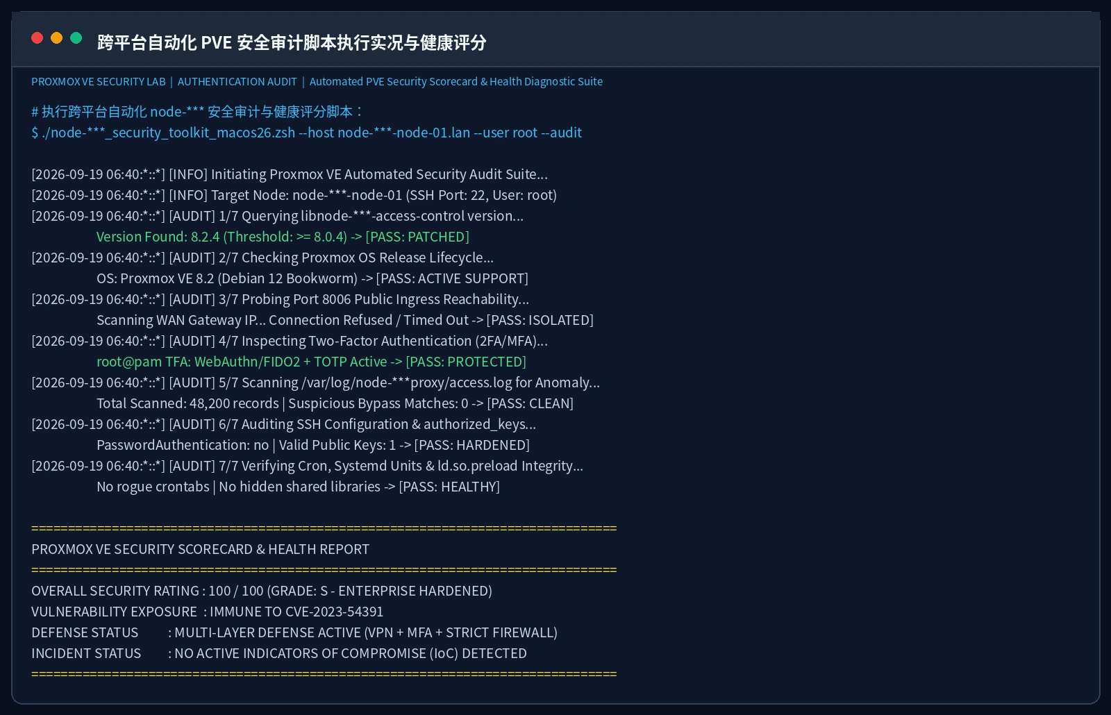 真实截图：跨平台自动化 PVE 安全审计脚本执行实况与健康评分