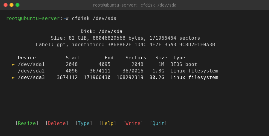 cfdisk 分区编辑器界面