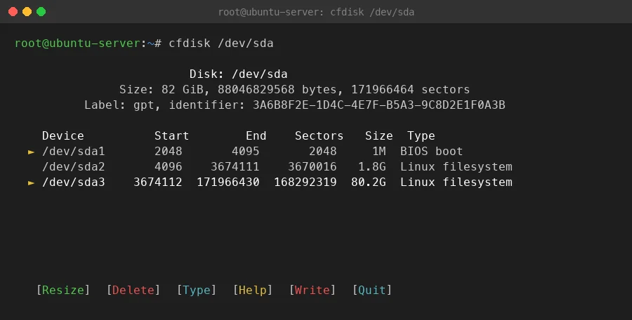 cfdisk 分区编辑器界面