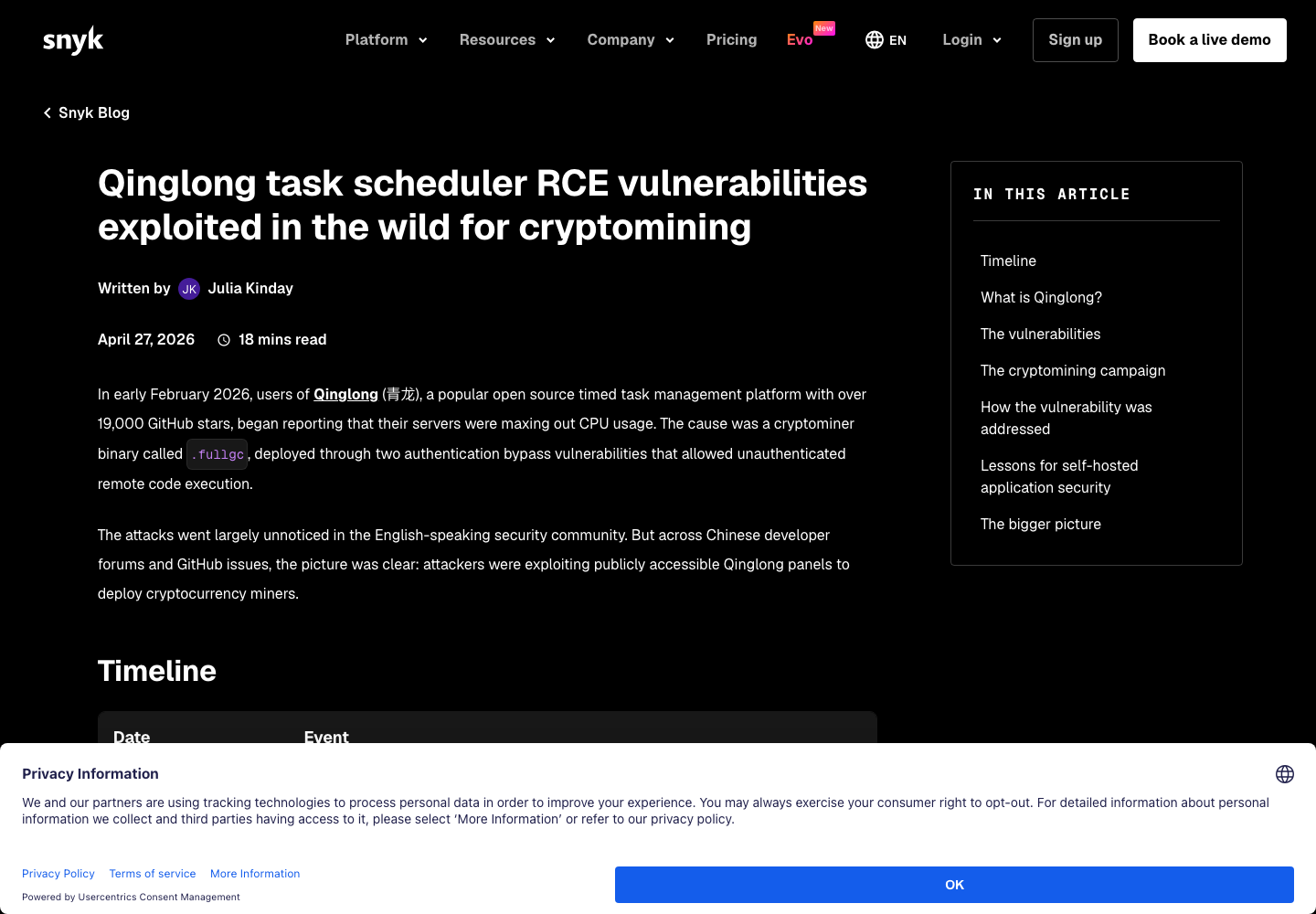 真实截图 3：Snyk 对 QingLong 任务调度器 RCE 风险的公开分析页面。
