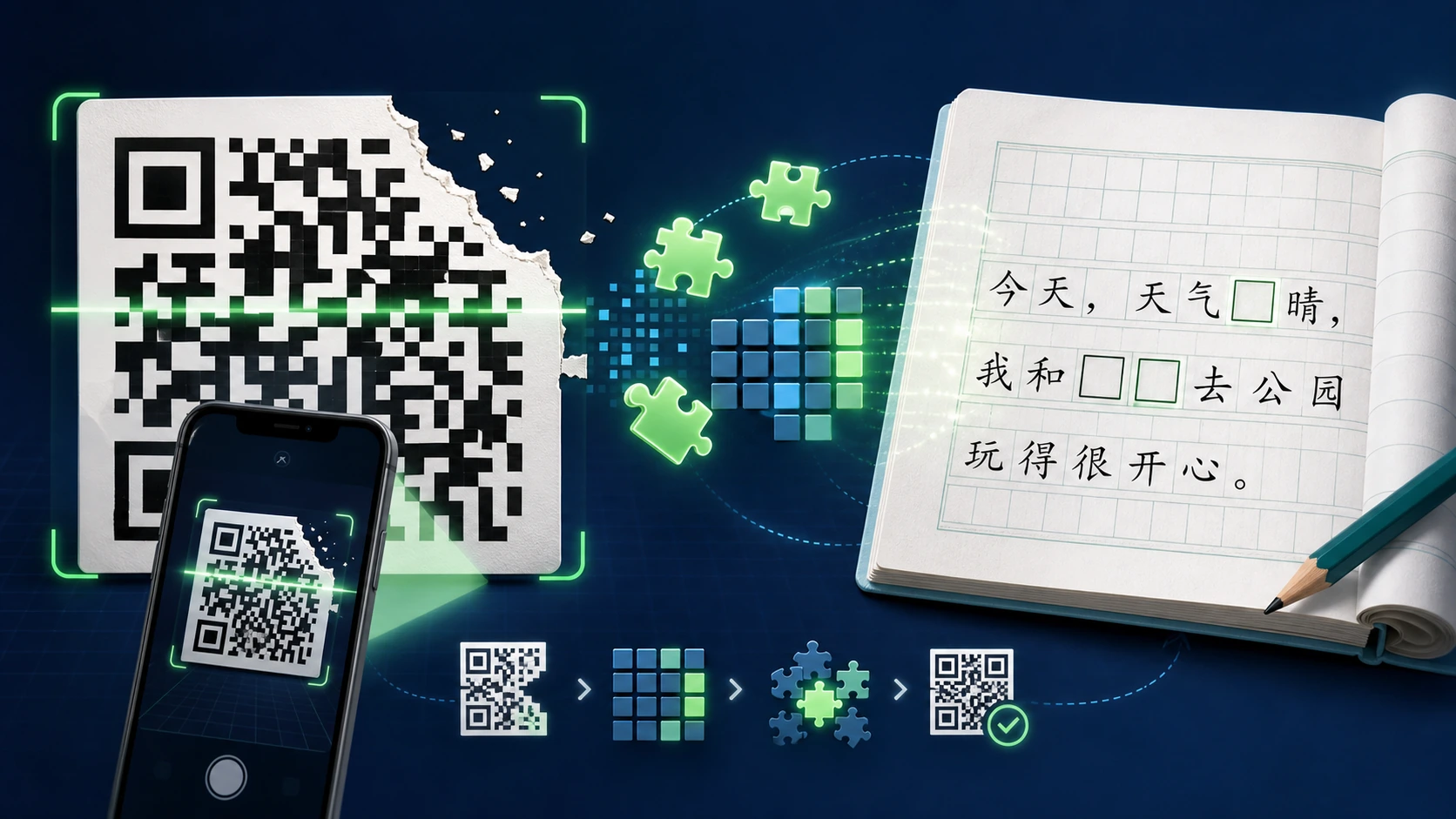 二维码缺角与听写漏字的类比