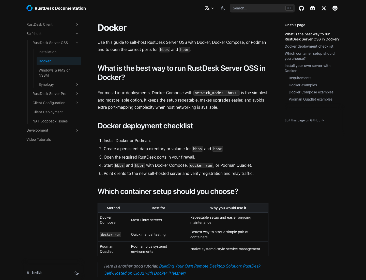 真实截图：RustDesk 官方文档中的 Docker 部署建议与检查清单
