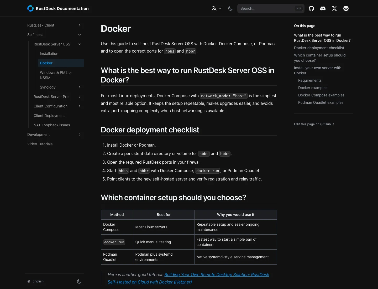 真实截图：RustDesk 官方文档中的 Docker 部署建议与检查清单