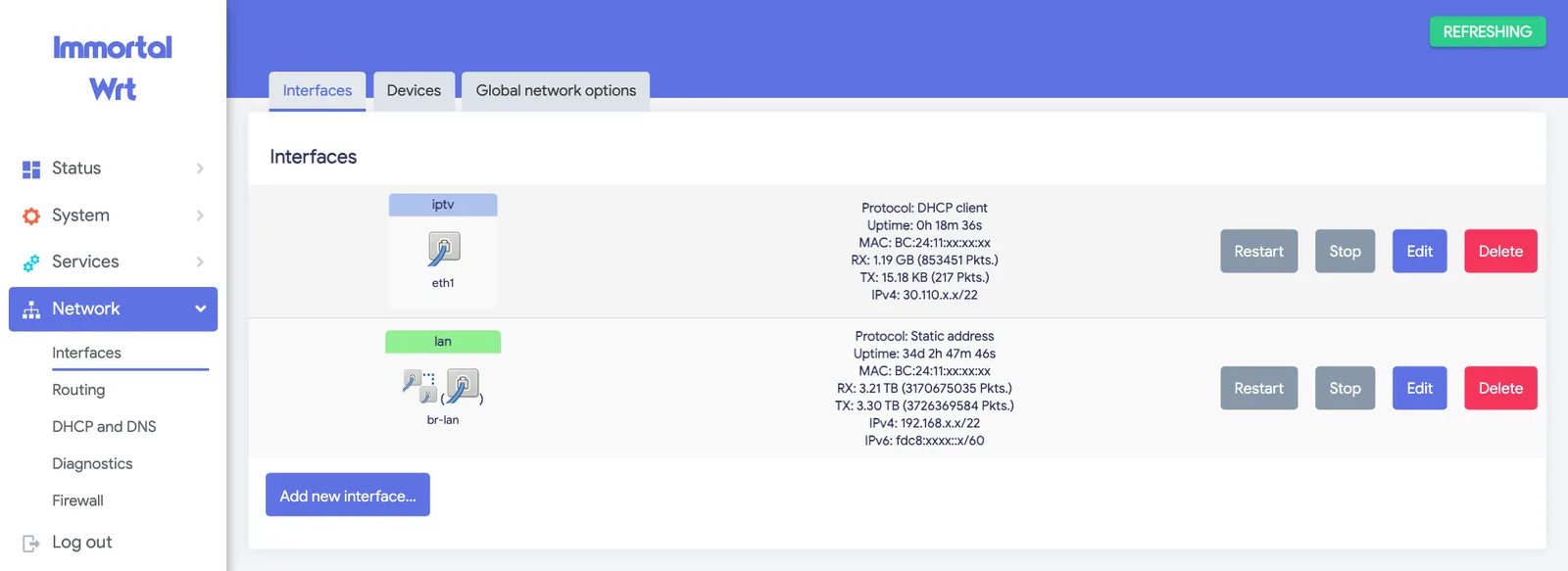 LuCI interfaces page, real screenshot