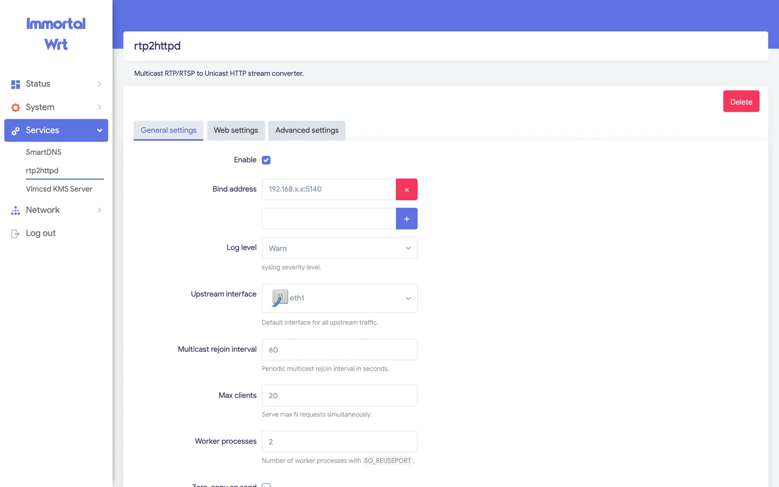 rtp2httpd settings, real screenshot