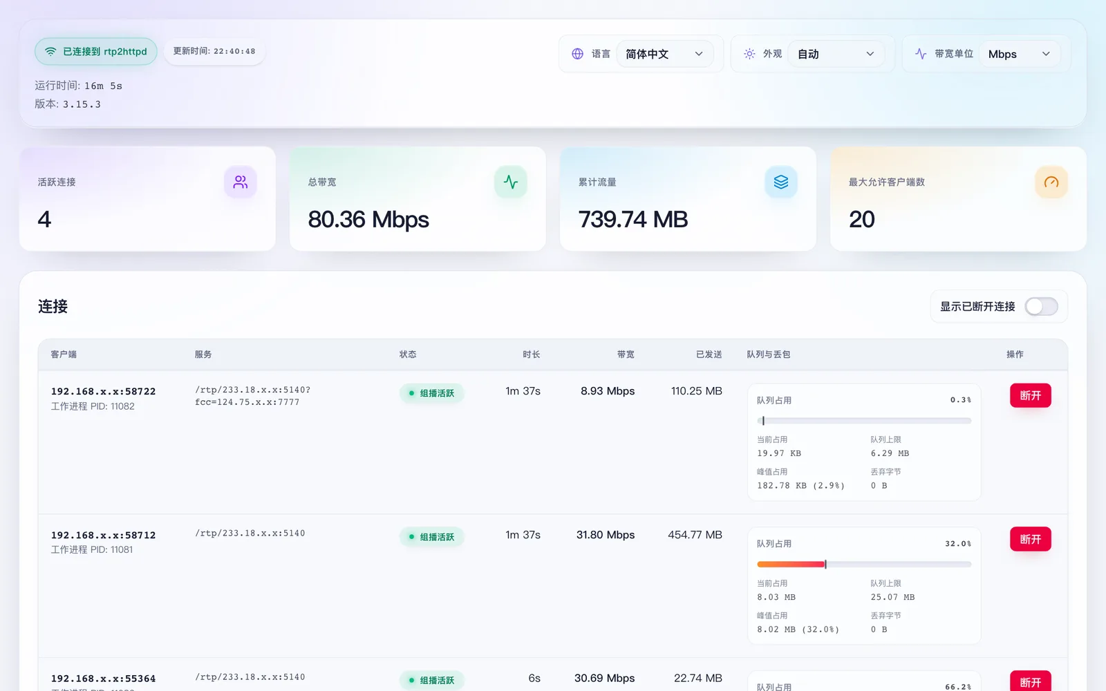 rtp2httpd 状态页真实截图