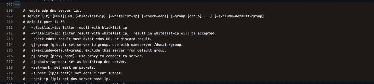 真实截图：SmartDNS 官方配置中的 group 与 exclude-default-group 参数说明