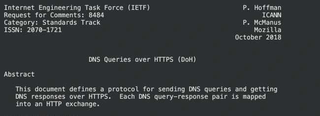 真实截图：RFC 8484 对 DNS over HTTPS 的定义
