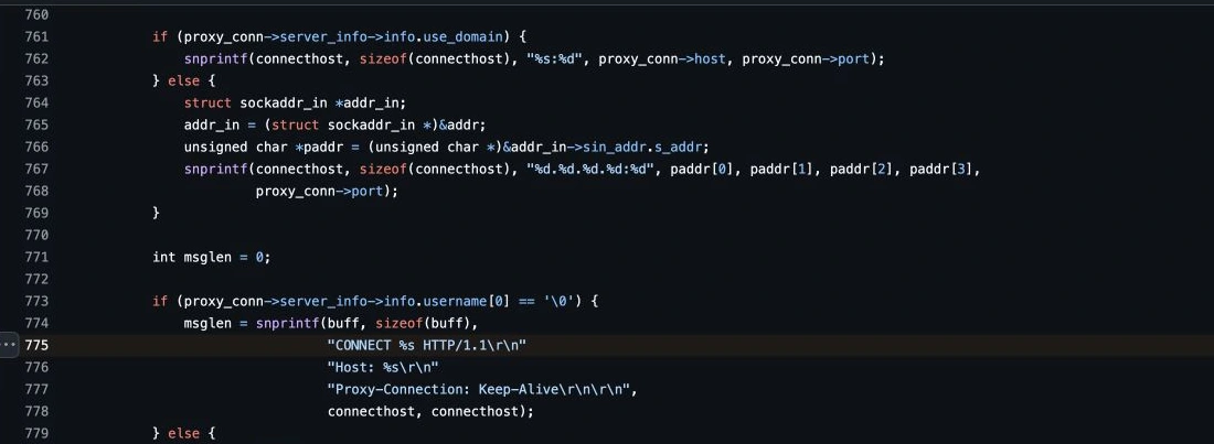 真实截图：SmartDNS 代理实现中构造 HTTP CONNECT 目标的代码