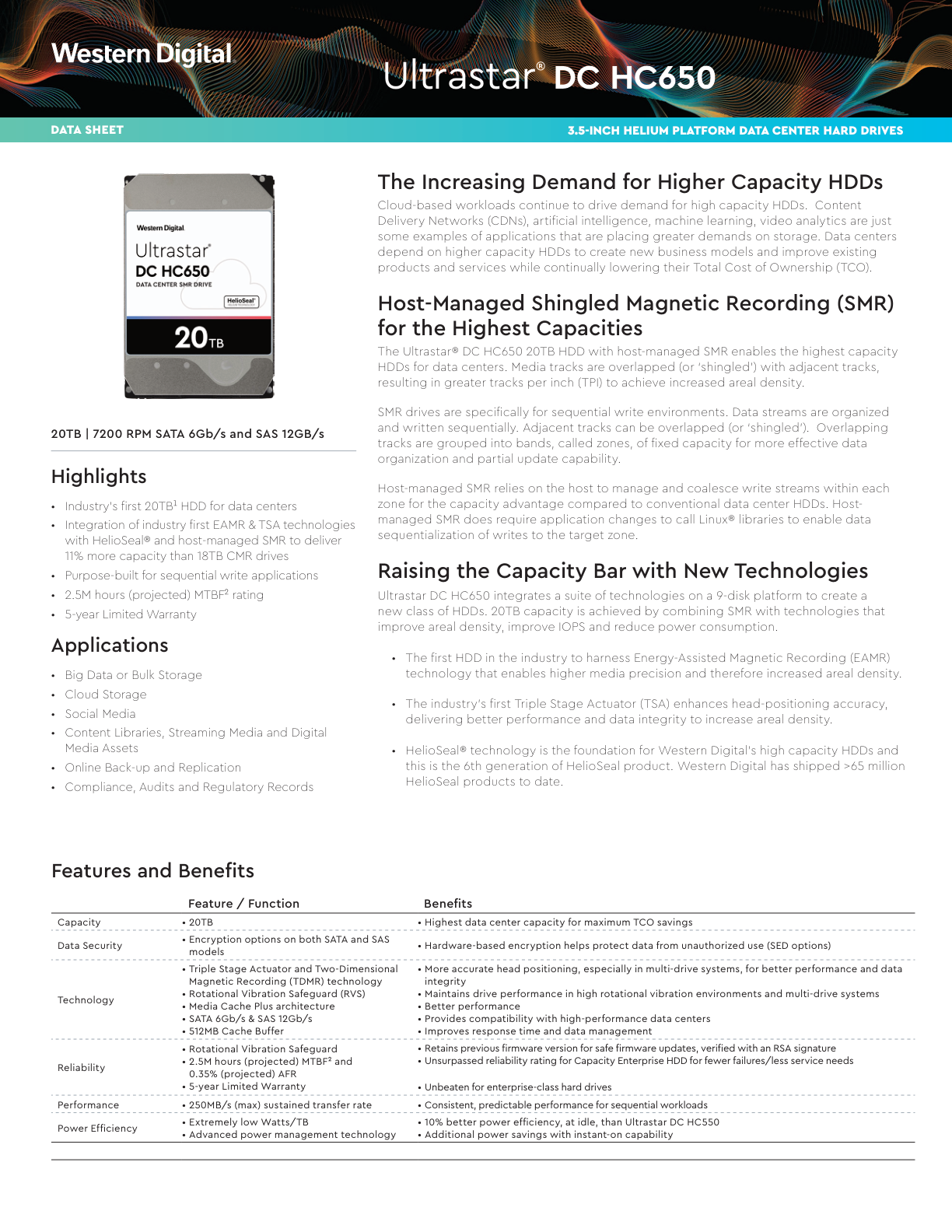真实截图：WD Ultrastar DC HC650 datasheet 中的 host-managed SMR 说明。