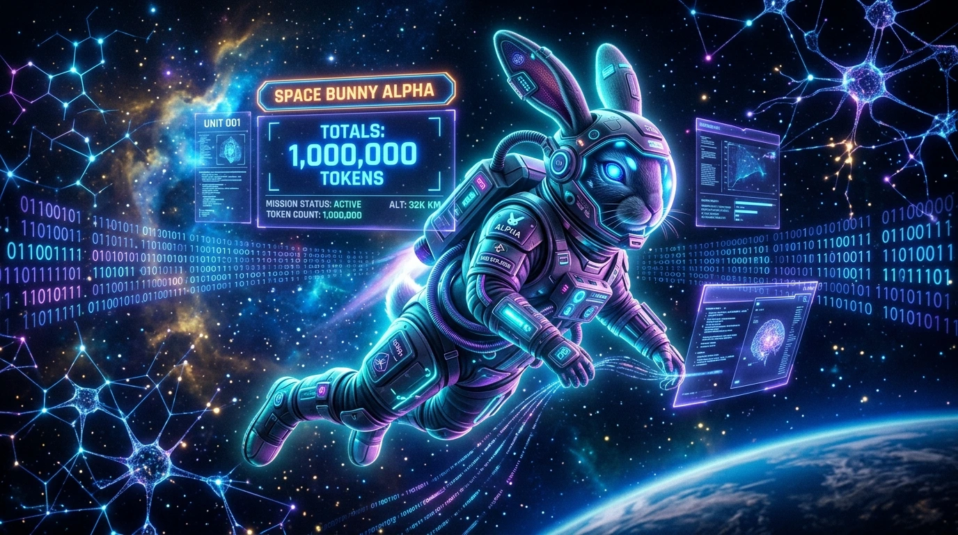 技术概念全景图：神秘隐形模型 Space Bunny Alpha 穿梭于星际数据流与神经元脉络之中