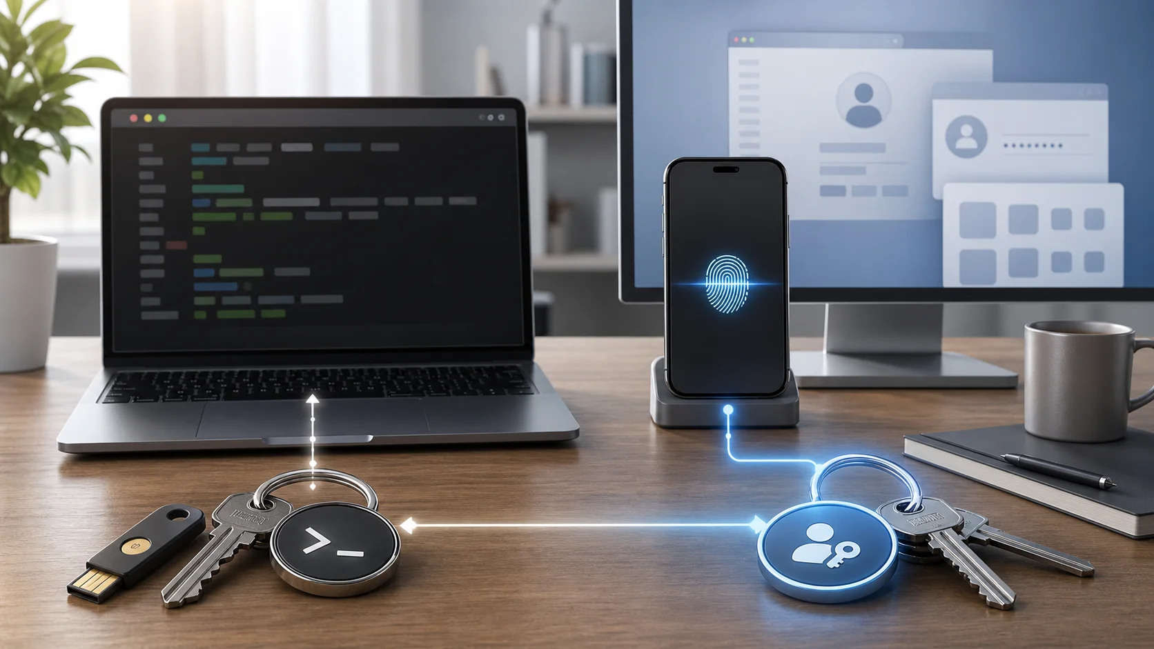AI 生成封面：SSH key 与 Passkey 像两串不同用途的钥匙。