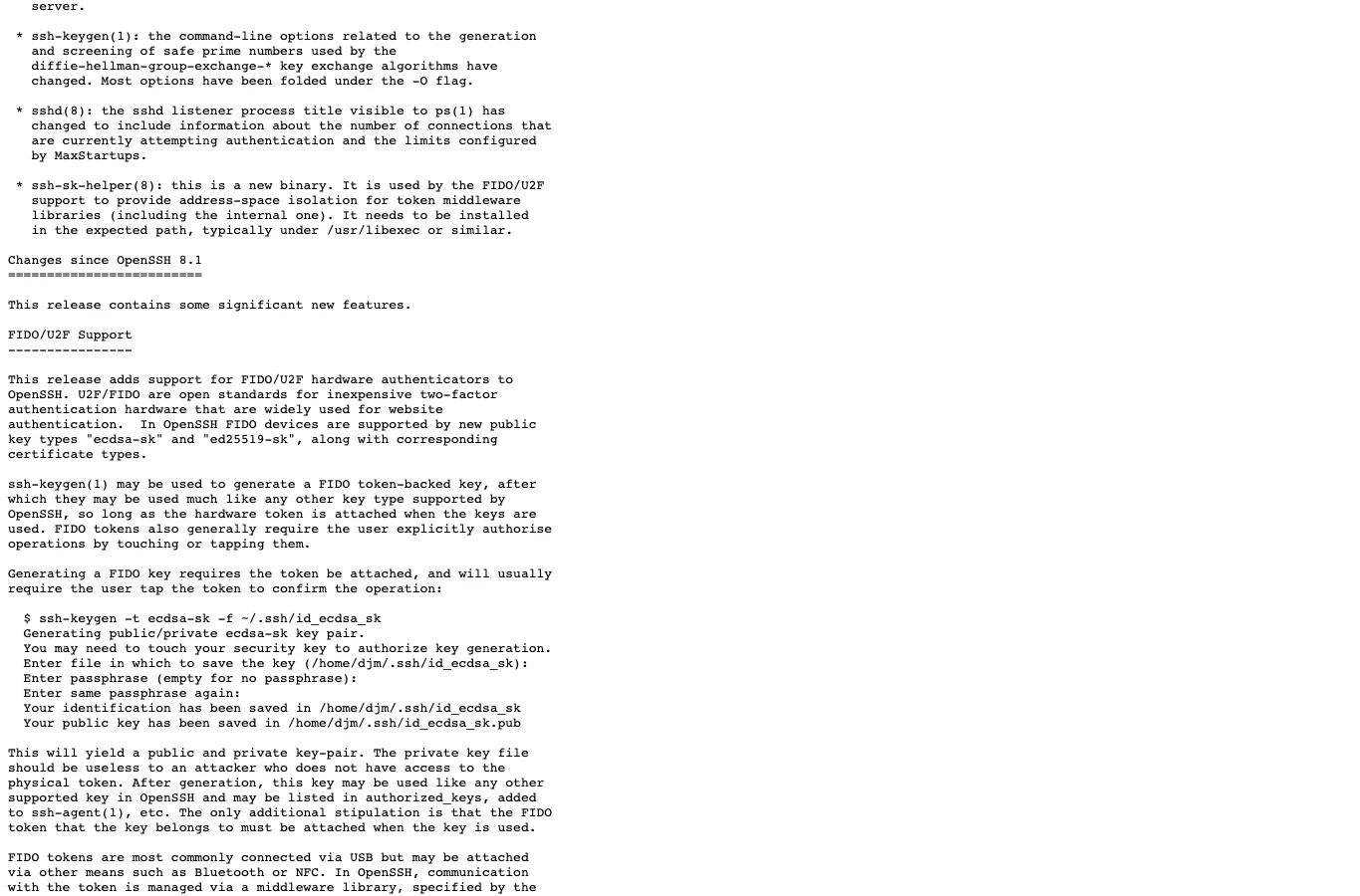 真实截图 1：OpenSSH 8.2 发布说明中关于 FIDO/U2F 支持的内容。