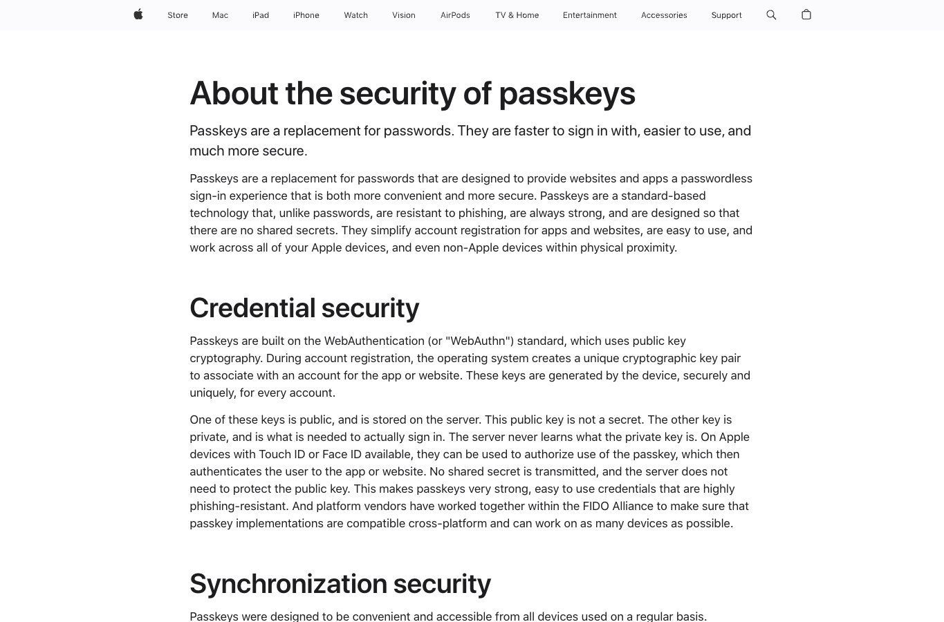 真实截图 2：Apple Support 关于 passkey 安全性的说明。