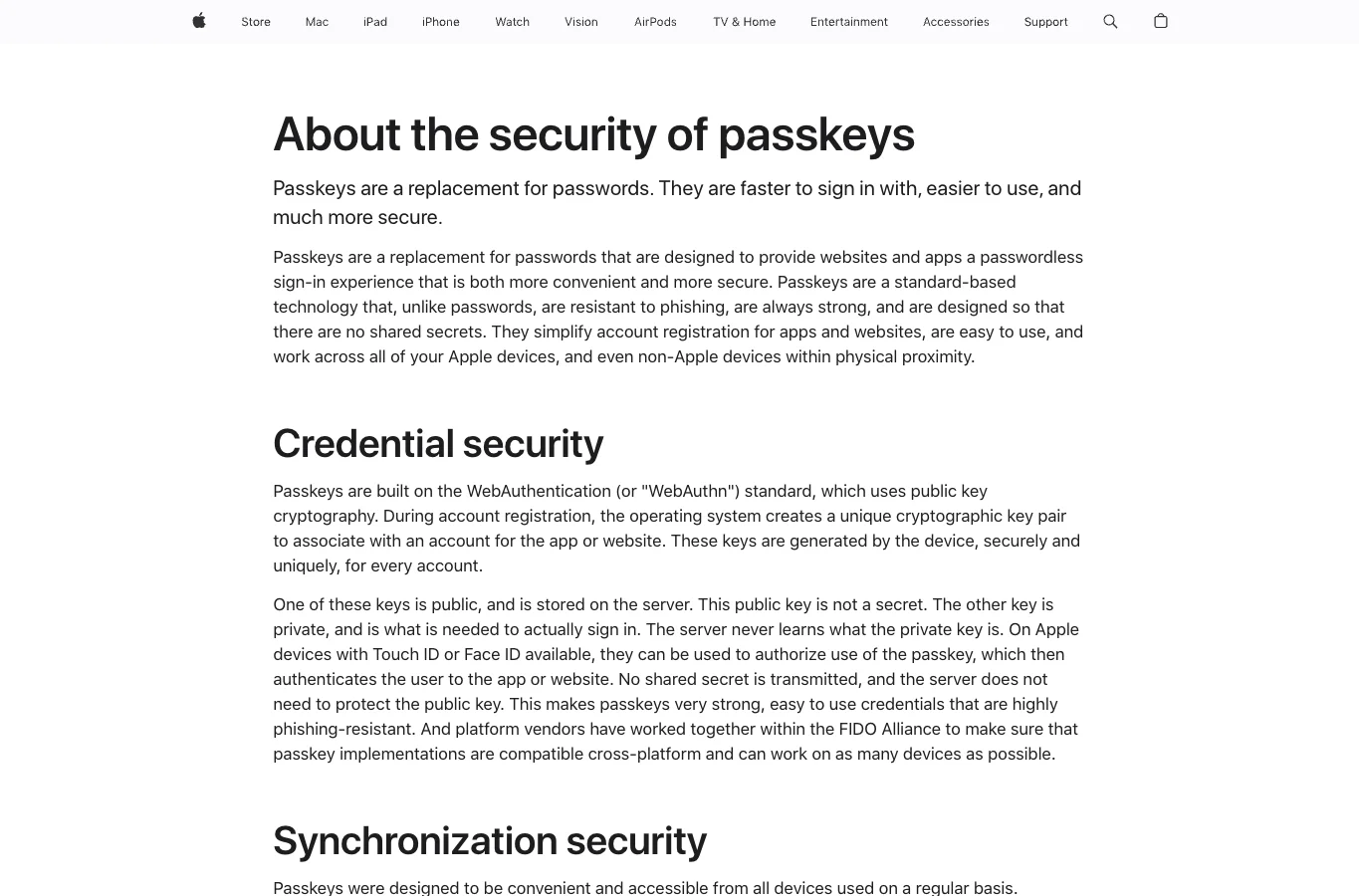 真实截图 2：Apple Support 关于 passkey 安全性的说明。