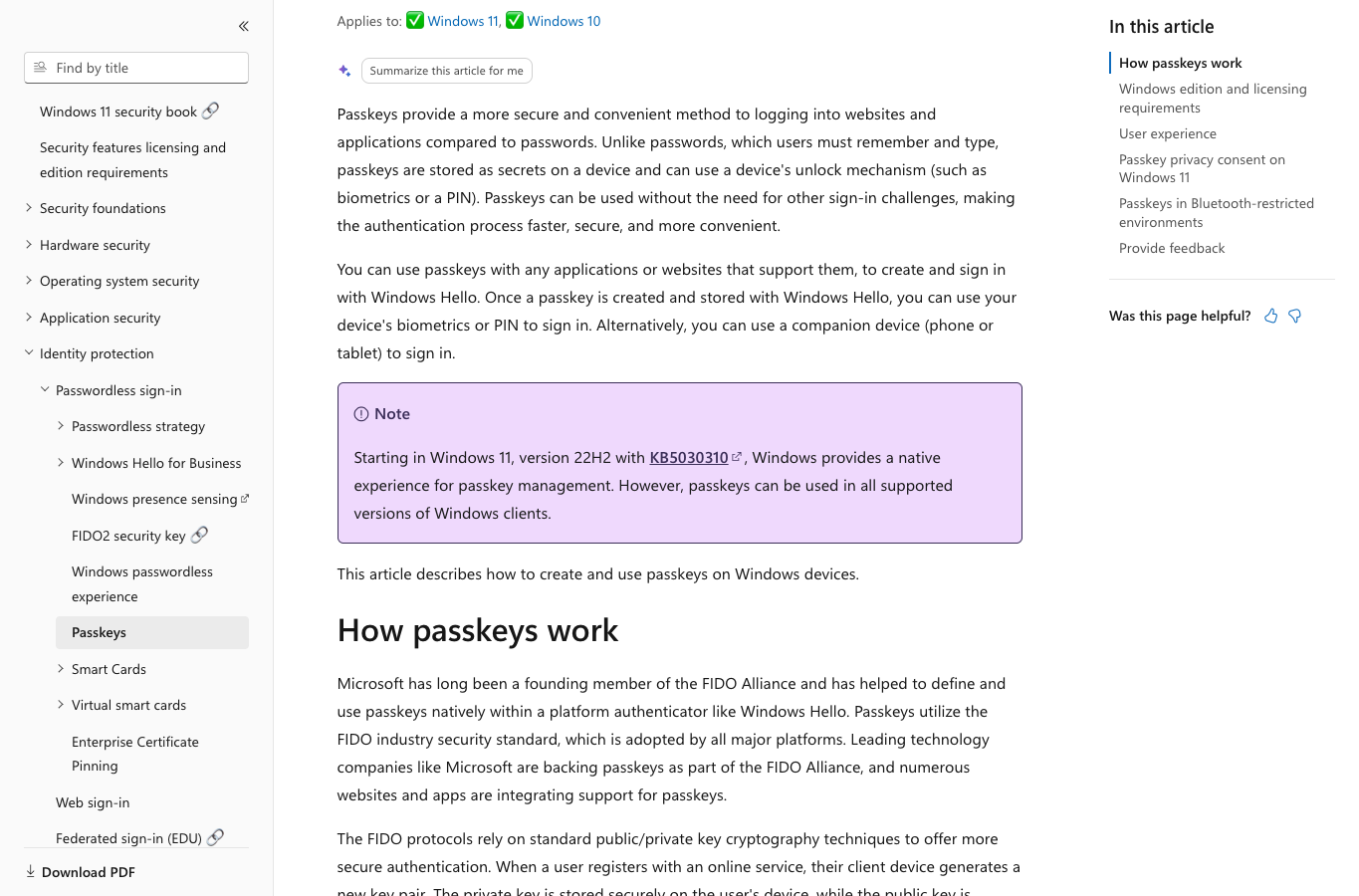 真实截图 3：Microsoft Learn 关于 Windows Passkeys 的说明。