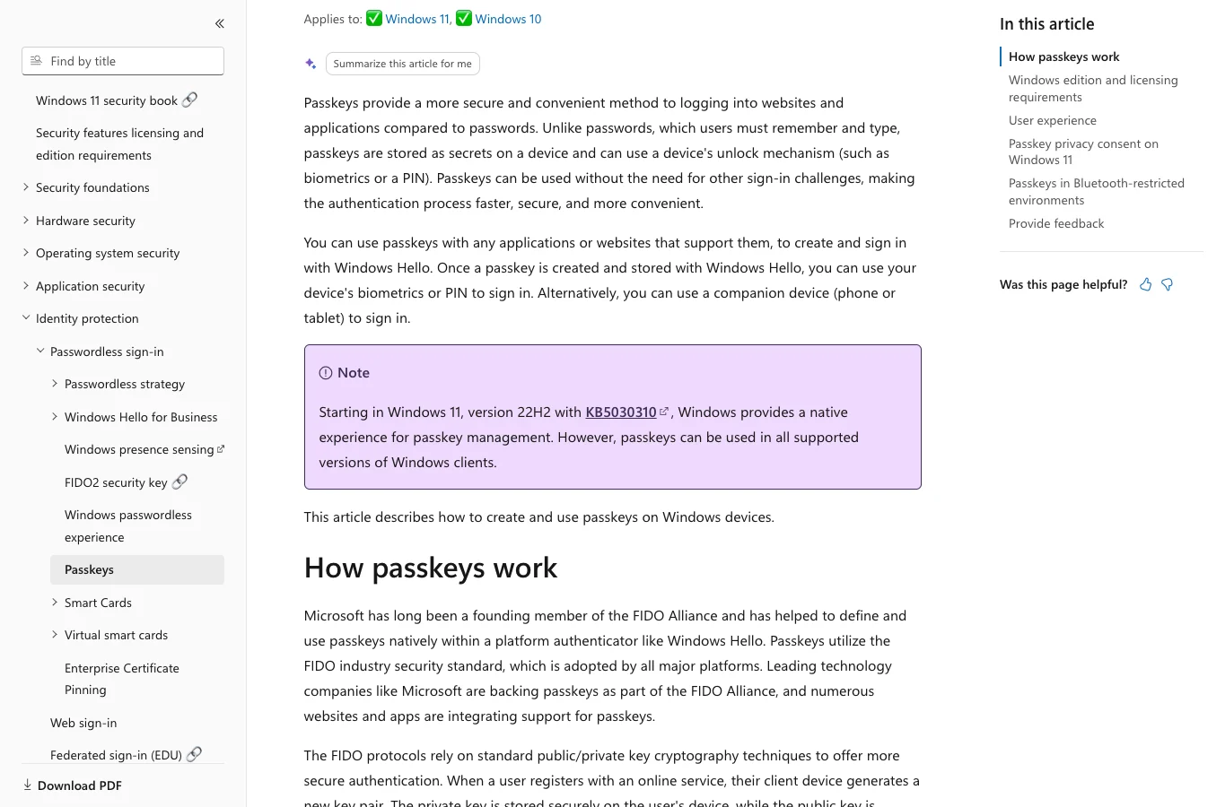真实截图 3：Microsoft Learn 关于 Windows Passkeys 的说明。