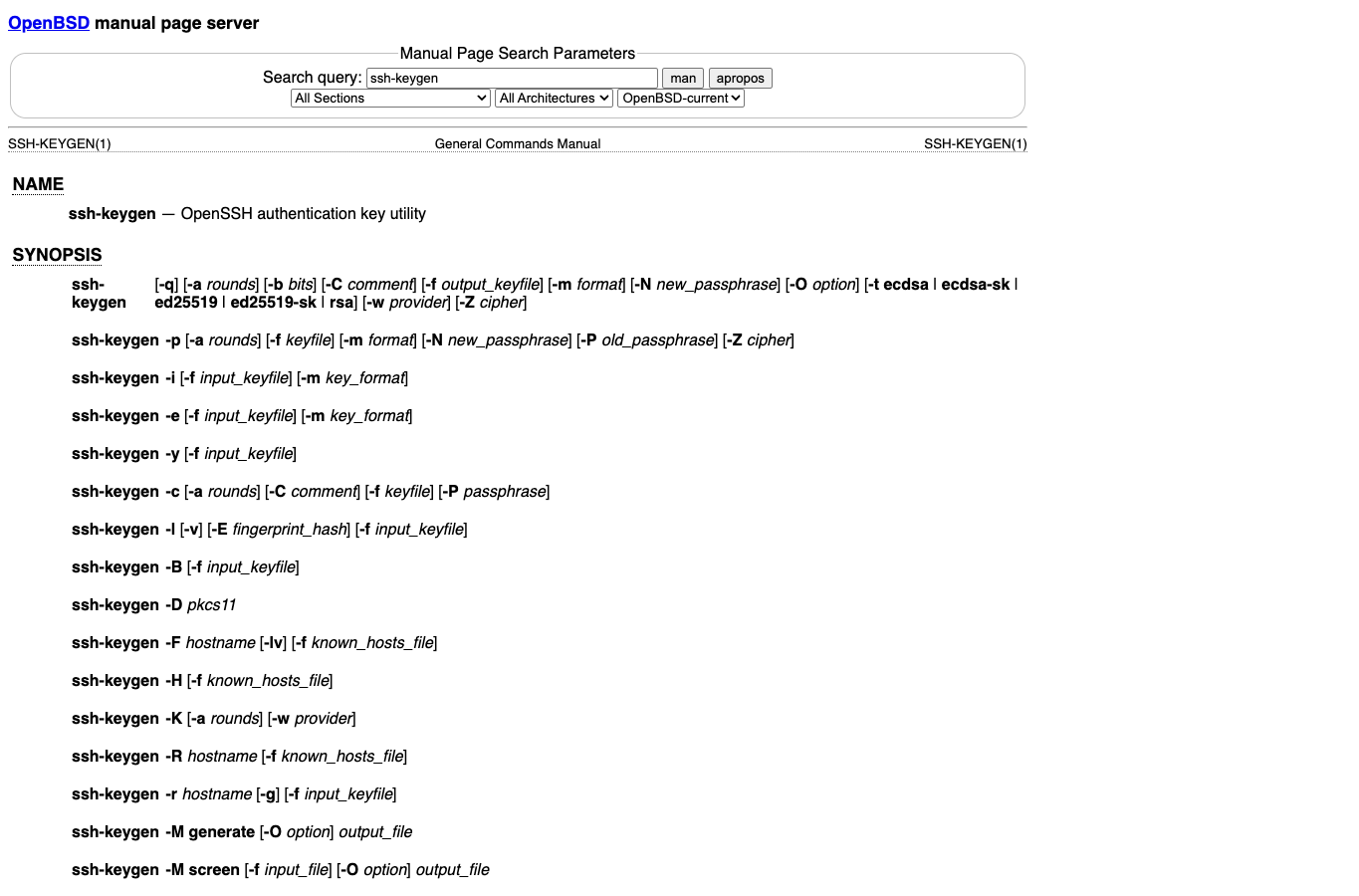真实截图 4：OpenBSD ssh-keygen 手册中的 key type 参数。
