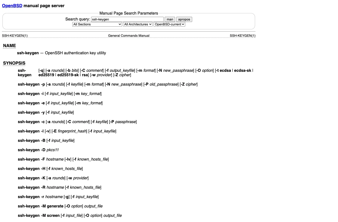 真实截图 4：OpenBSD ssh-keygen 手册中的 key type 参数。