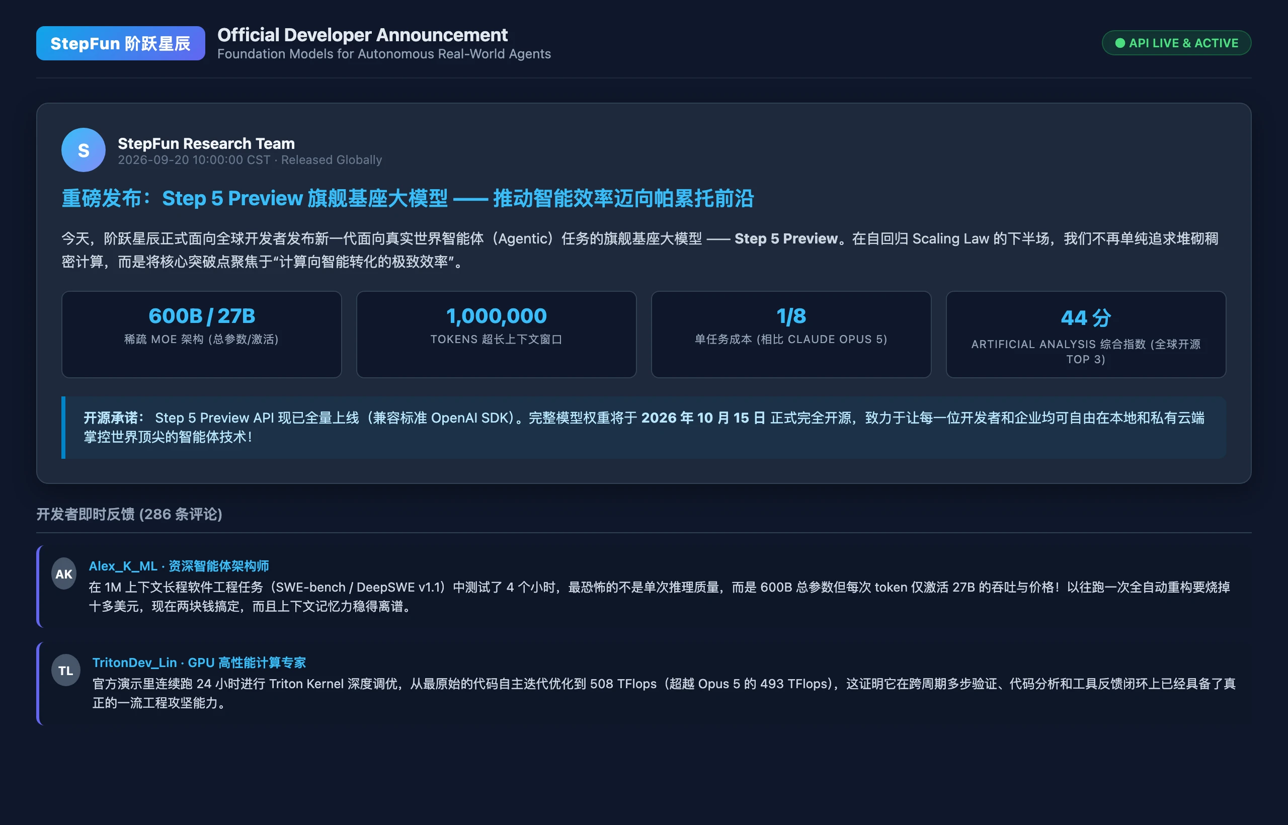 阶跃星辰开发者平台官方公告：Step 5 Preview 旗舰基模正式上线并公布开源日程