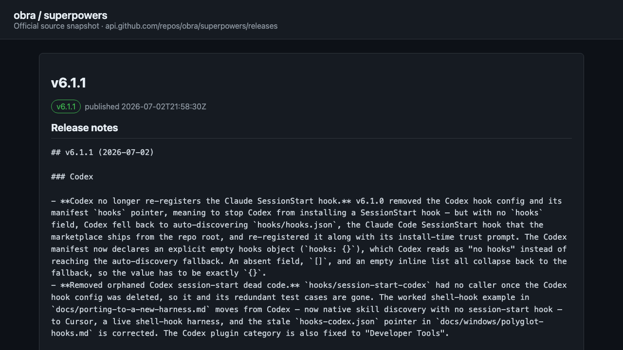 Superpowers 官方 v6.1.1 发布说明截图：修复 Codex hooks 自动发现