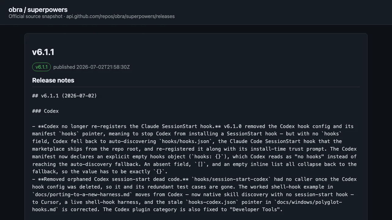 Superpowers 官方 v6.1.1 发布说明截图：修复 Codex hooks 自动发现