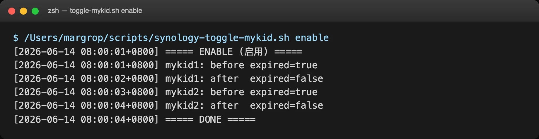 Actual toggle-mykid.sh enable log