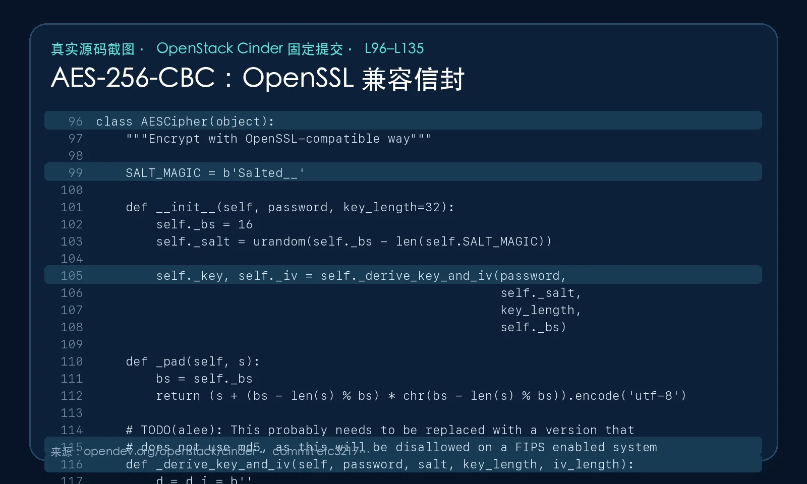 真实源码截图：AES-256-CBC 与 OpenSSL 兼容信封